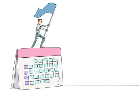 Single one line drawing of businessman standing on giant desk calendar raising flag. Starting small steps in a planned business pattern is key to success in achieving business profits. Continuous lineのイラスト素材