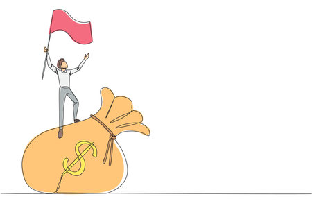 Single continuous line drawing young businessman standing on giant money bag raising flag. Victory or business achievement obtained for his smart work in managing the business. One line design vectorのイラスト素材