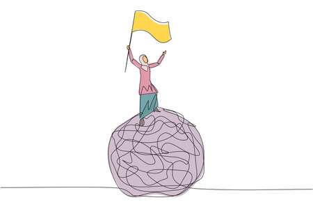 Single continuous line drawing of Arabian businesswoman standing on giant tangled circle. Raising flag on her hand. Businesswoman who manage to get out of anxiety of mind. One line design vectorのイラスト素材
