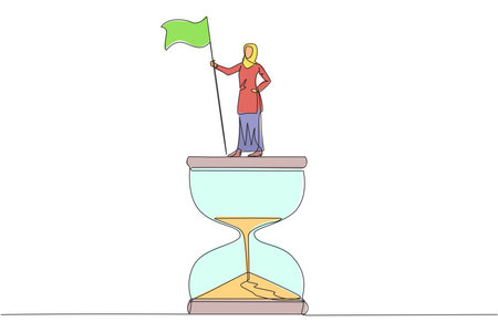 Continuous one line drawing Arabian businesswoman standing on big hourglass holding flag. Business strategy related on time management. Businesswoman who can manage times well. Single line draw vectorのイラスト素材