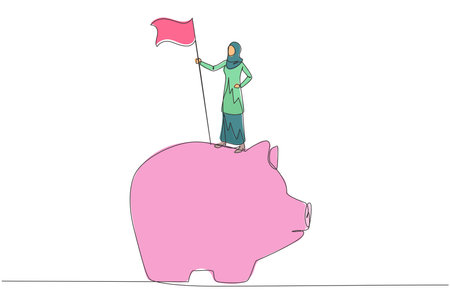 Continuous one line drawing of Arabian businesswoman standing on big piggy bank holding flag. Making investments during the corona pandemic to keep business survive. Single line draw design vectorのイラスト素材