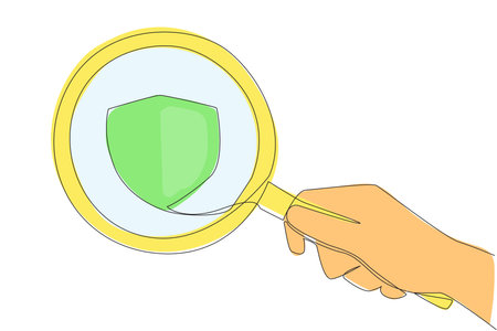 Single continuous line drawing of big hand holding magnifying glass highlights the shield. The concept of seeking refuge. Both for personal and family. Data protection. One line vector illustrationのイラスト素材
