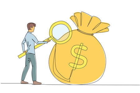 Single continuous line drawing businessman stood checking out giant money bag with magnifier. A person's success depends on the number of money bags collected. One line design vector illustrationのイラスト素材