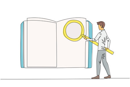 Single continuous line drawing of businessman stood holding the magnifier and checked the open book. Looking for valid information and data so that the business grows. One line vector illustrationのイラスト素材