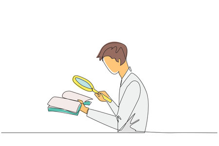 Single one line drawing businessman holds the book and examines it with the magnifier.Businessman re-reads scientific studies so that his business avoids bankruptcy. Continuous line design graphicのイラスト素材