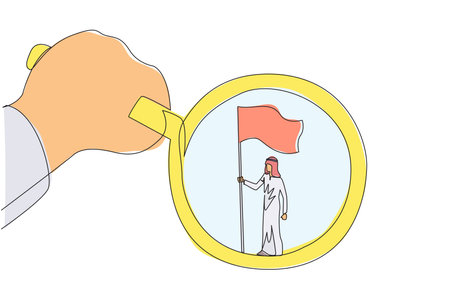 Continuous one line drawing big hand holding the magnifier by highlighting Arabian businessman who is standing holding the flag. A symbol of the glory of a businessman. Single line draw design vectorのイラスト素材