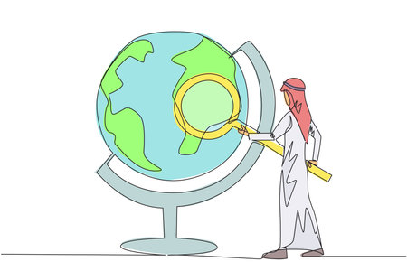 Single continuous line drawing of Arabian businessman stood holding magnifier and inspected the globe. Map out good territory to create and develop new ventures. One line design vector illustrationのイラスト素材