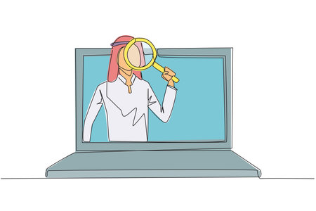Single continuous line drawing of Arab businessman came out of laptop screen holding the magnifier. Finding online networking to sustain his business. Relationship. One line design vector illustrationのイラスト素材