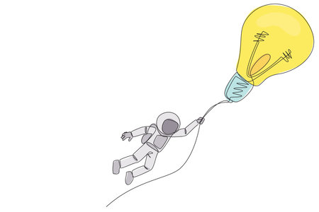 Single continuous line drawing astronaut holding on to a flying lightbulb. Expeditions that depend on the best ideas and innovations. Cosmic galaxy deep space. One line design vector illustrationのイラスト素材