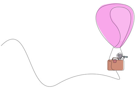 Single one line drawing young energetic astronaut using monocular, flying with hot air balloon with a passenger box has shape briefcase. Cosmic deep space. Continuous line design graphic illustrationのイラスト素材