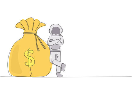 Single one line drawing young energetic astronaut lean on giant money bag. Shows the income received from the space industry. Cosmic galaxy deep space. Continuous line design graphic illustrationのイラスト素材