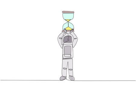 Single continuous line drawing young energetic astronaut lift up big hourglass above head. A tool used to countdown departures into outer space. Cosmic deep space. One line design vector illustrationのイラスト素材
