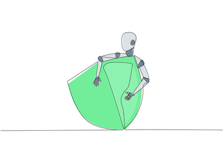 Single one line drawing robot hugging shield. Robots protect websites, online applications and computer laptops from hackers or viruses. Machine learning. Continuous line design graphic illustrationのイラスト素材