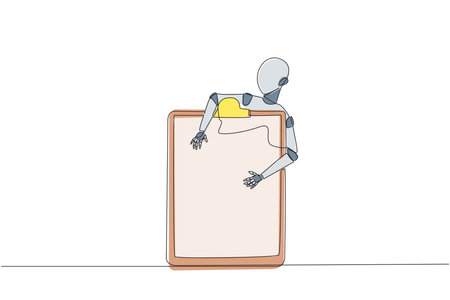 Continuous one line drawing robotic hugging clipboard. Provide assistance to double check work. Artificial intelligence technology development. Electrical. Single line draw design vector illustrationのイラスト素材