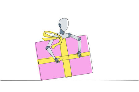 Continuous one line drawing robot hugging gift box. Gift delivery robots to homes. Artificial intelligence. Machine learning process. Future technology. Single line draw design vector illustrationのイラスト素材