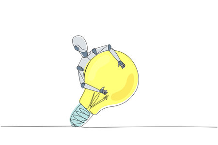 Single continuous line drawing robot hugging lightbulb. Has the idea to make robot that has human-like characteristics. Machine learning process. Future technology. One line design vector illustrationのイラスト素材