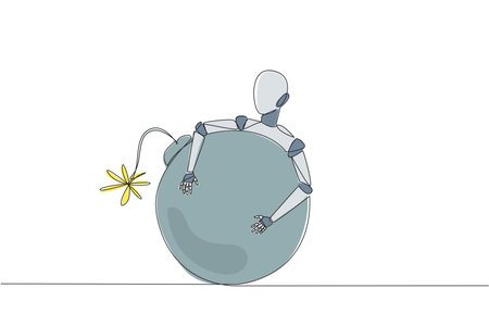 Single continuous line drawing robot hugging large bomb with a burning fuse. Bomb squad robot. Anti riot robot. Artificial intelligence. Future technology concept. One line design vector illustrationのイラスト素材
