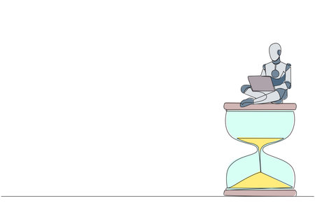 Continuous one line drawing robotic artificial intelligence sitting on giant hourglass typing...
