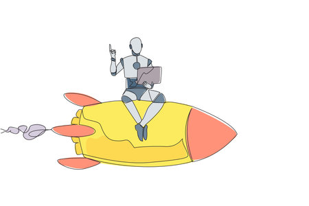Continuous one line drawing robotic artificial intelligence sitting on flying rocket holding laptop raise one hand. Modern robots with future technology. Single line draw design vector illustrationのイラスト素材