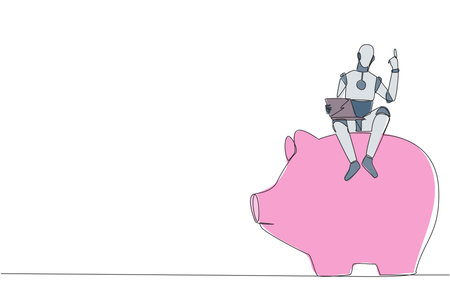 Continuous one line drawing robotic artificial intelligence sitting on big piggy bank holding laptop raise one hand. Robots make investments. Future concept. Single line design vector illustrationのイラスト素材
