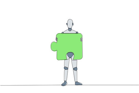 Single continuous line drawing robotic artificial intelligence brought puzzle piece and placed it in front of chest. Teamwork brings one piece each. Future tech. One line design vector illustrationのイラスト素材