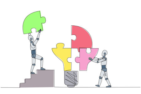 Continuous one line drawing two robots put together four lightbulb-shaped puzzle pieces. Teamwork brings ideas together. Future tech development concept. Single line draw design vector illustrationのイラスト素材