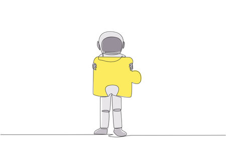 Single one line drawing young energetic astronaut brought puzzle piece and placed it in front of his chest. Deep space farming astronaut concept. Spaceman. Continuous line design graphic illustrationのイラスト素材