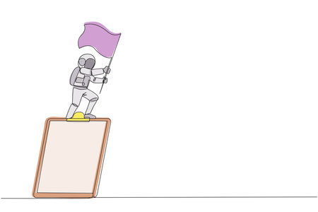 Single one line drawing young energetic astronaut standing on giant clipboard holding fluttering flag. He re-check his work before returning to the earth. Continuous line design graphic illustrationのイラスト素材