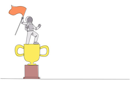 Continuous one line drawing energetic astronaut standing on giant trophy holding fluttering flag. Reward for successfully landing back on earth. Cosmonaut. Single line draw design vector illustrationのイラスト素材