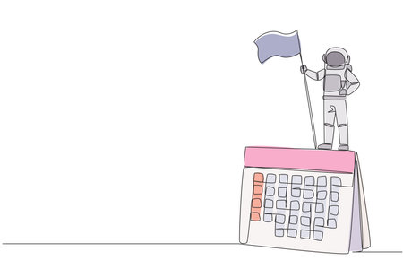 Single one line drawing young energetic astronaut standing on big desk calendar holding fluttering flag. Planning his next expedition into space. Cosmonaut. Continuous line design graphic illustrationのイラスト素材