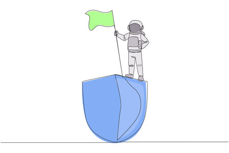 Single one line drawing young energetic astronaut standing on giant shield holding fluttering flag. Protect itself by wearing full astronaut suits. Space. Continuous line design graphic illustrationのイラスト素材