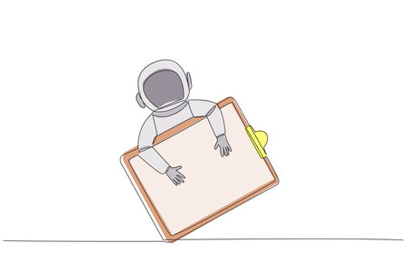 Single continuous line drawing young energetic astronaut hugging clipboard. Keep records of what has been done during the expedition. And do a check. Galaxy cosmic. One line design vector illustrationのイラスト素材