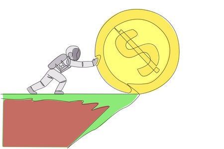 Continuous one line drawing astronaut push giant coin symbol dollar over the edge of the cliff. Space man cosmic galaxy concept. Cosmonaut outer space. Single line draw design vector illustrationのイラスト素材