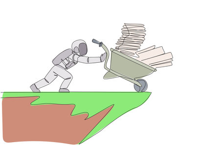 Single continuous line drawing Astronauts push wheelbarrow filled with stacks of paper and binders over the edge of cliff. The concept of tough man in outer space. One line design vector illustrationのイラスト素材