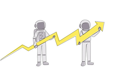 Single one line drawing two astronauts holding a medium-sized arrow graphic whose ends have...