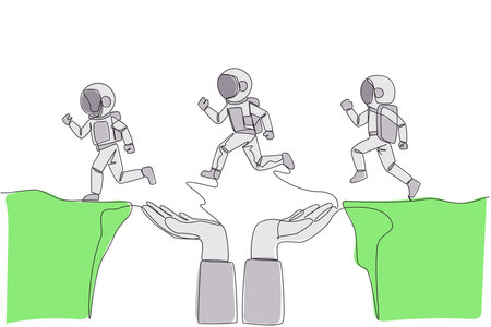 Continuous one line drawing 3 astronauts running through a cliff that has hole in the middle but is supported by large hand. Do teamwork towards better direction. Single line draw vector illustrationのイラスト素材