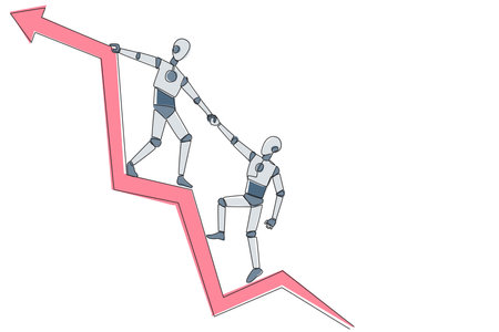 Continuous one line drawing robot pulls the arm of another robot that fell from graphic arrow. Team work to strengthen each other. Artificial intelligence. Single line draw design vector illustrationのイラスト素材