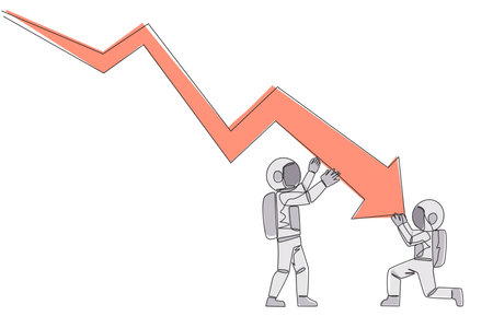 Continuous one line drawing two astronauts holding large arrow charts swooping down. One of them holding the end. Team work so the arrow can go back up. Single line draw design vector illustrationのイラスト素材
