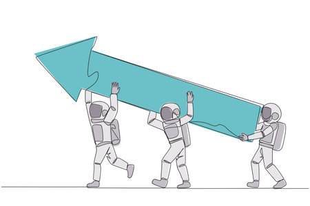 Single one line drawing three astronauts raised the big arrow together. With teamwork making graphics can improve. Deep space astronaut concept. Cosmonaut. Continuous line design graphic illustrationのイラスト素材