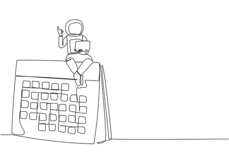 Continuous one line drawing young energetic astronaut sitting on giant deck calendar holding laptop raise one hand. Return date at the weekend, speed up the expedition. Single line draw design vectorのイラスト素材