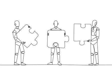 Single one line drawing three robots each carrying three puzzle pieces. Teamwork of robots putting the puzzle together. Artificial intelligence development. Continuous line design graphic illustrationのイラスト素材