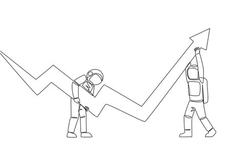 Single one line drawing two astronauts holding a large arrow chart. With their teamwork they hope that the graph will always be in rising condition. Cosmic. Continuous line design graphic illustrationのイラスト素材