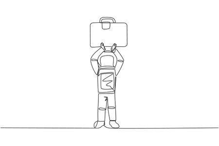 Single one line drawing young astronaut lift up the briefcase above his head. Give the code because it's ready to go into space. Cosmic galaxy deep space. Continuous line design graphic illustrationのイラスト素材