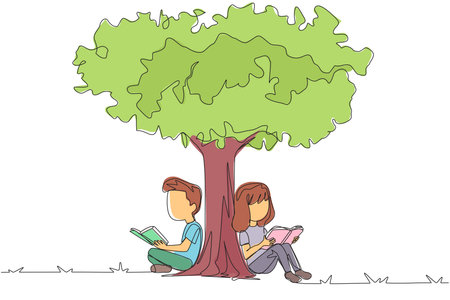 Single one line drawing the kids sitting reading a book under shady tree. They do group study summarizing story books. Enjoy reading. Book festival concept. Continuous line design graphic illustrationのイラスト素材