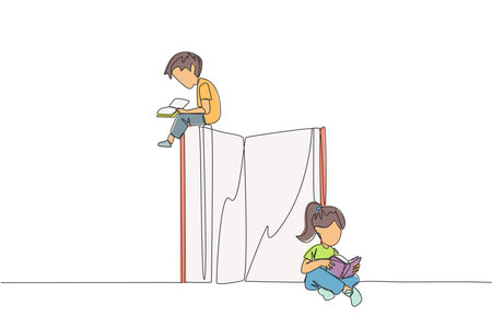 Continuous one line drawing children sit reading books while the big book is open. Serious and focus learning increases insight. Book festival concept. Single line draw design vector illustrationのイラスト素材