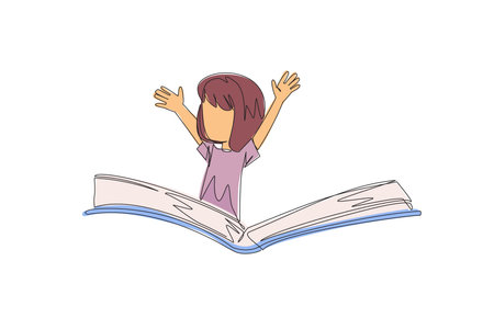 Single one line drawing the girl pops out from the middle of the book. Imagine the storyline. Experience a storybook adventure. Book festival concept. Continuous line design graphic illustrationのイラスト素材