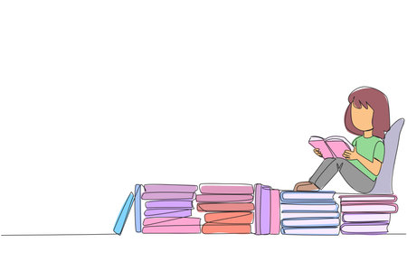 Continuous one line drawing girl sitting relaxed reading a book on pile of books. Relax while reading fiction books. Enjoy the storyline. Book festival concept. Single line design vector illustrationのイラスト素材