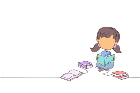 Single one line drawing girl who really likes reading. Everyday one book is read. Good habit. There is no day without reading book. Book festival concept. Continuous line design graphic illustrationのイラスト素材