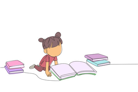 Single one line drawing girls reading books happily. Good reading interest. Really enjoy reading story books. Reading everywhere. Book festival concept. Continuous line design graphic illustrationのイラスト素材