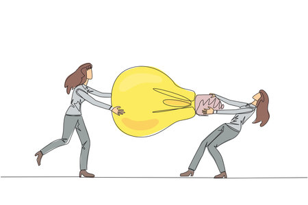 Single continuous line drawing two businesswoman fighting over lightbulb. Both of them differed, feeling most right. Emotional businesswoman. Versus. Conflict. One line design vector illustrationのイラスト素材